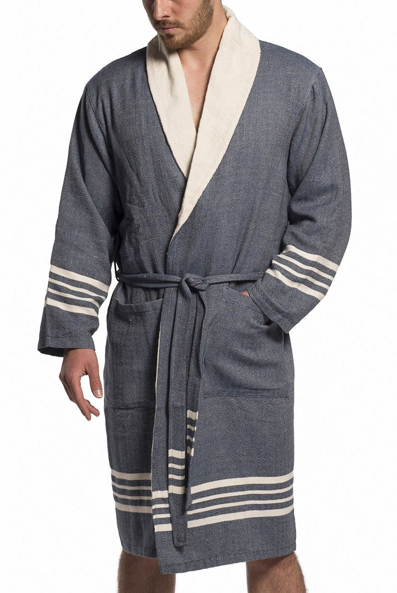 TURKISH TOWEL ROBE WITH TERRY INSIDE- NAVY | UNISEX in color made of 100% Turkish cotton Turkish Towel by buldano in Turkey