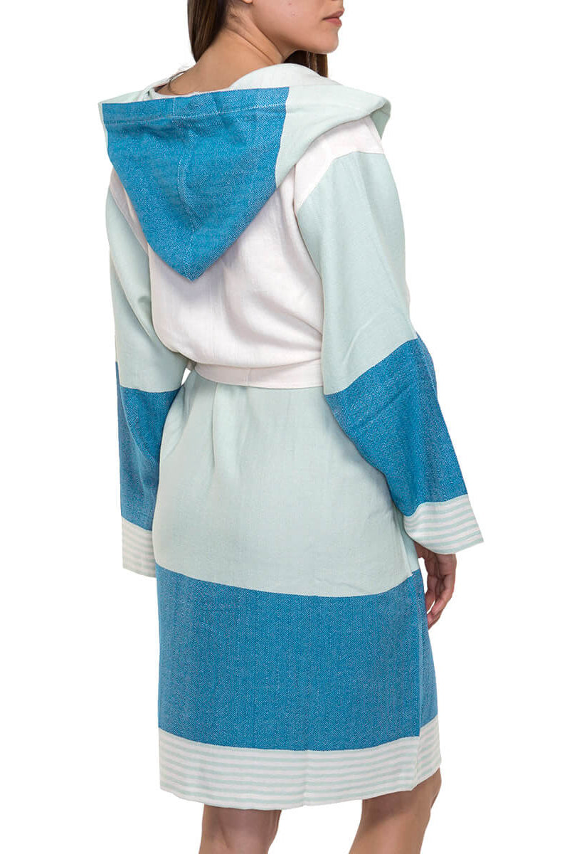 MULTI COLOR ROBE WITH HOOD in Light Blue Petrol color made of 100% Turkish cotton Turkish Towel by buldano in Turkey