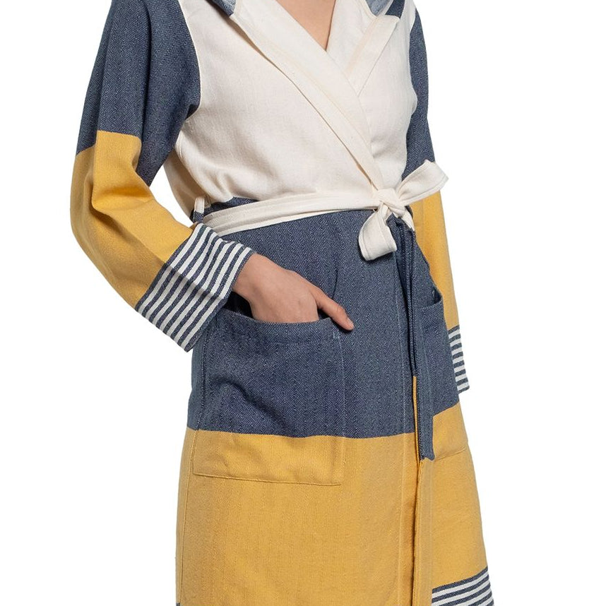 MULTI COLOR ROBE WITH HOOD in Navy Yellow color made of 100% Turkish cotton Turkish Towel by buldano in Turkey