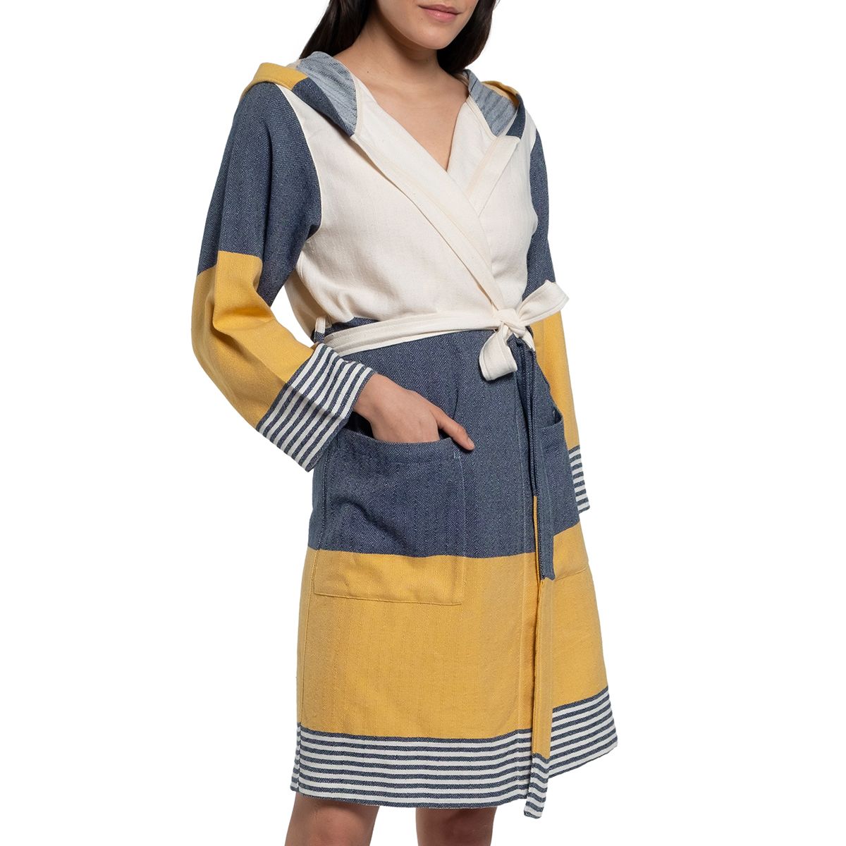 MULTI COLOR ROBE WITH HOOD in Navy Yellow color made of 100% Turkish cotton Turkish Towel by buldano in Turkey
