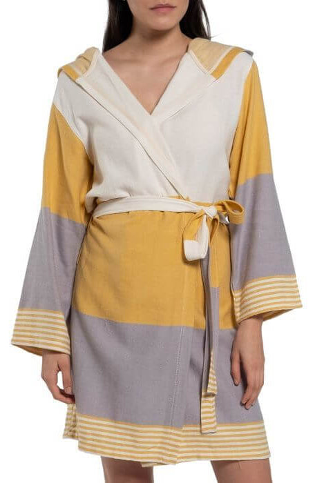 MULTI COLOR ROBE WITH HOOD in Yellow Taupe color made of 100% Turkish cotton Turkish Towel by buldano in Turkey