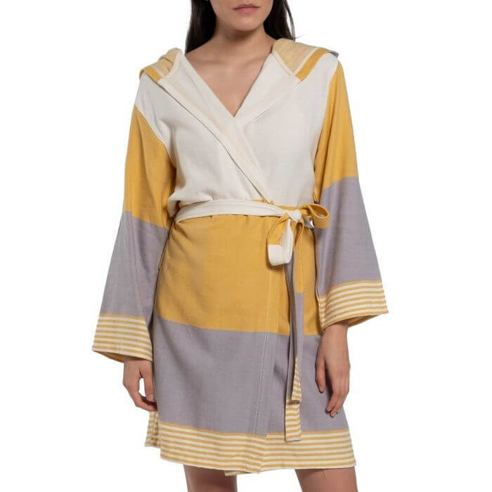 MULTI COLOR ROBE WITH HOOD in Yellow Taupe color made of 100% Turkish cotton Turkish Towel by buldano in Turkey