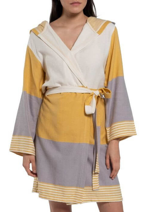 MULTI COLOR ROBE WITH HOOD in Yellow Taupe color made of 100% Turkish cotton Turkish Towel by buldano in Turkey