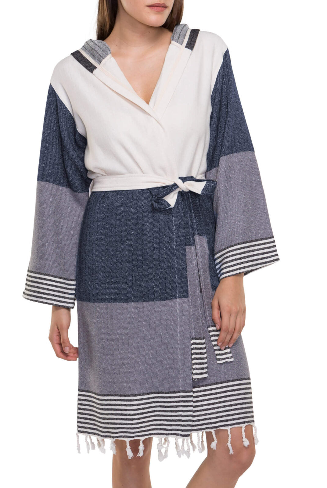 MULTI COLOR ROBE WITH HOOD in Navy Dark Grey color made of 100% Turkish cotton Turkish Towel by buldano in Turkey