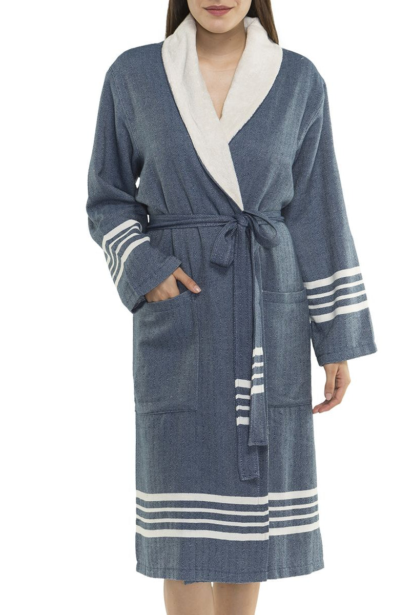 TURKISH TOWEL ROBE WITH TERRY INSIDE- NAVY | UNISEX in color made of 100% Turkish cotton Turkish Towel by buldano in Turkey