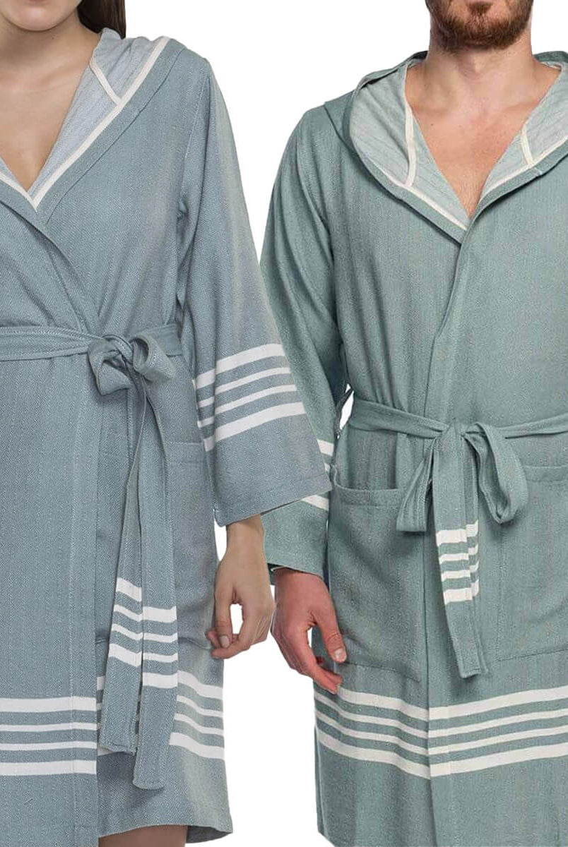 SHORT ROBE WITH HOOD in Almond Green color made of 100% Turkish cotton Turkish Towel by buldano in Turkey