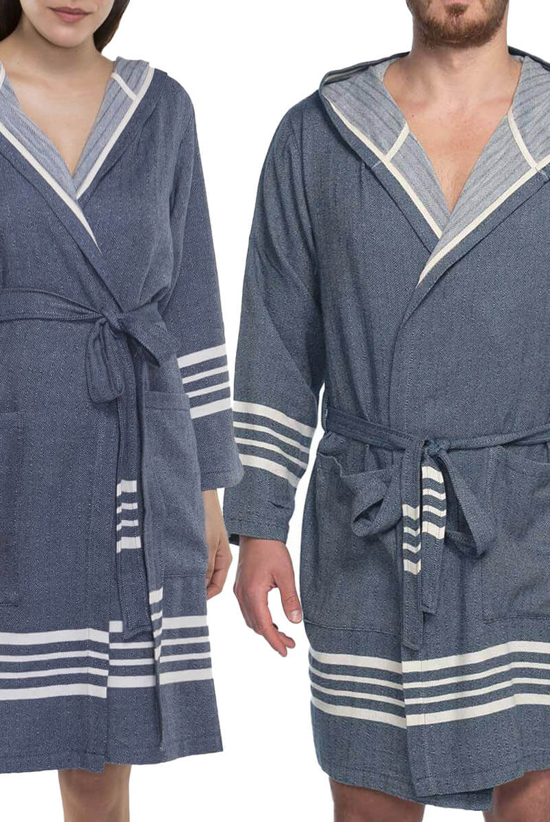 SHORT ROBE WITH HOOD in Navy color made of 100% Turkish cotton Turkish Towel by buldano in Turkey