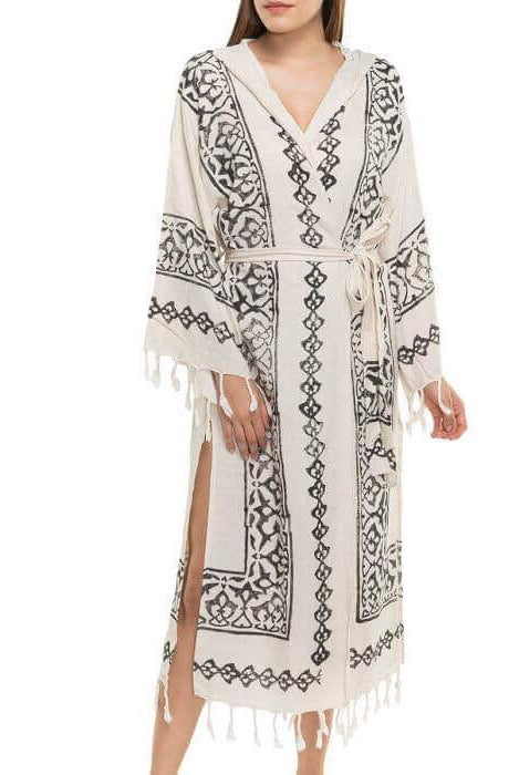 HAND PRINTED ROBE in BLACK color made of 100% Turkish cotton Turkish Towel by buldano in Turkey