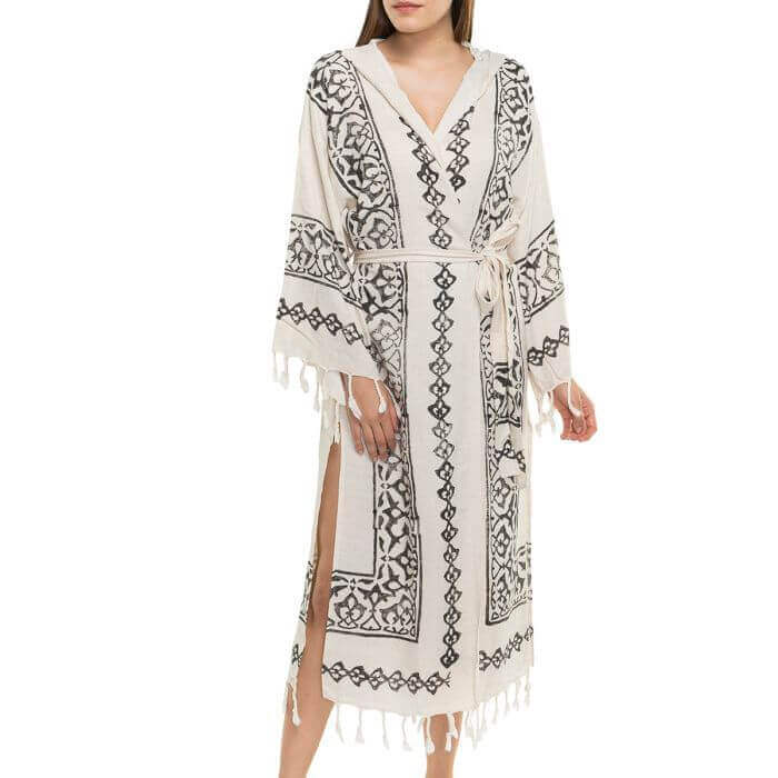 HAND PRINTED ROBE in BLACK color made of 100% Turkish cotton Turkish Towel by buldano in Turkey