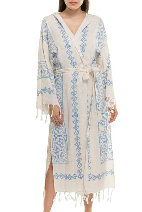 HAND PRINTED ROBE in BLUE color made of 100% Turkish cotton Turkish Towel by buldano in Turkey