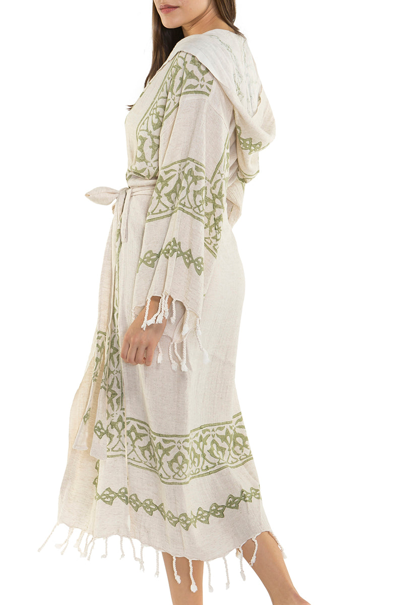 HAND PRINTED ROBE in GREEN color made of 100% Turkish cotton Turkish Towel by buldano in Turkey