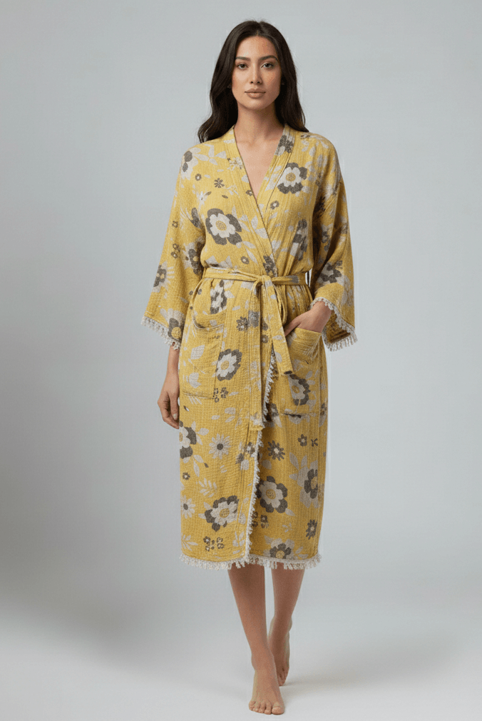 Woman wearing a yellow floral robe on a plain background