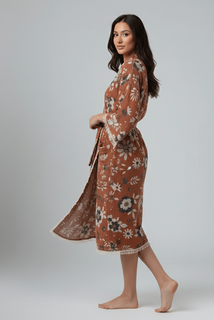 Woman wearing a floral dress on a plain background