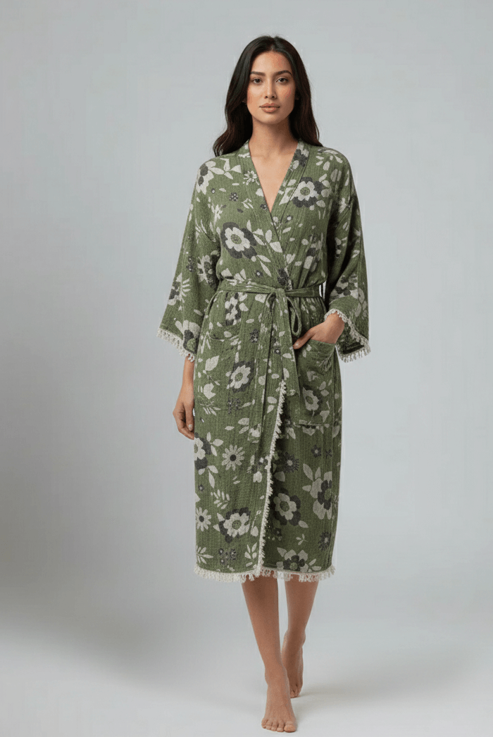 Woman wearing a green floral robe on a gray background