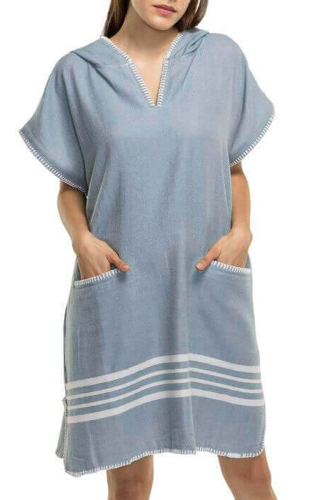 Beach Cover Up, Poncho with Hood in Light Blue color made of 100% Turkish cotton Poncho by buldano in Turkey
