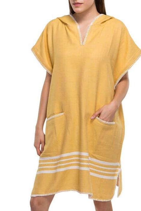 Beach Cover Up, Poncho with Hood in Yellow color made of 100% Turkish cotton Poncho by buldano in Turkey