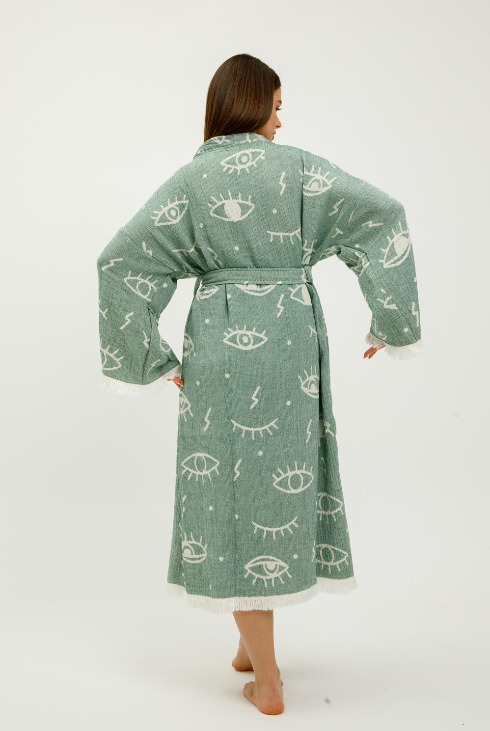 Eyes Kimono in Almond Green color made of 100% Turkish cotton Kimono by buldano in Turkey