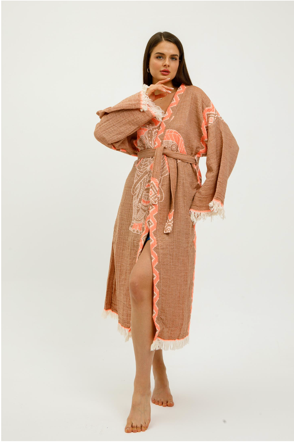 Jungle Kimono Elephant in Camel color made of 100% Turkish cotton Kimono by buldano in Turkey