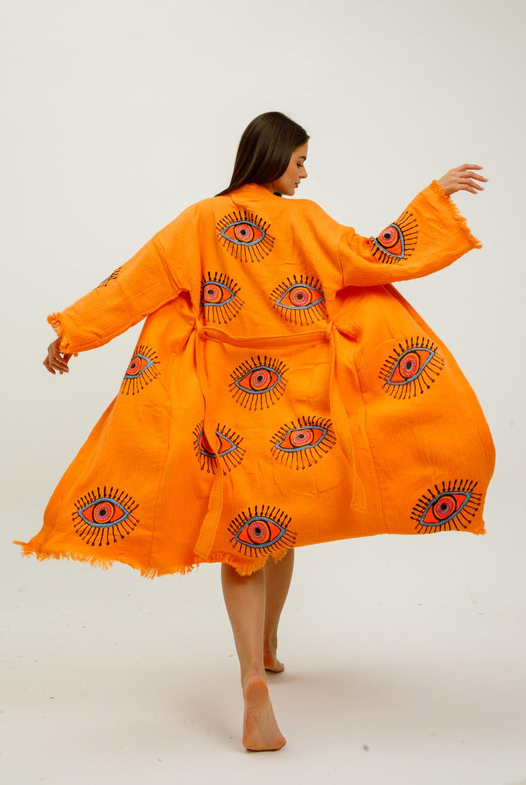 Evil Eye Hand Printed Kimono Natural in Orange color made of 100% Turkish cotton Kimono by buldano in Turkey
