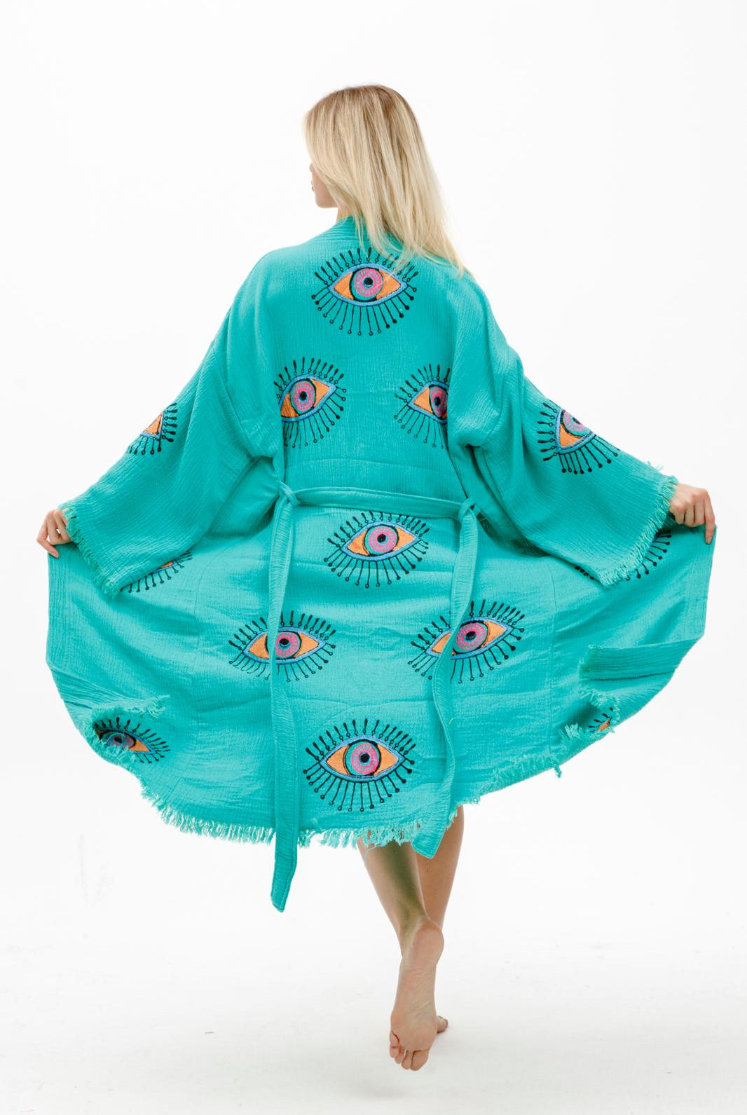 Evil Eye Hand Printed Kimono Natural in Teal color made of 100% Turkish cotton Kimono by buldano in Turkey