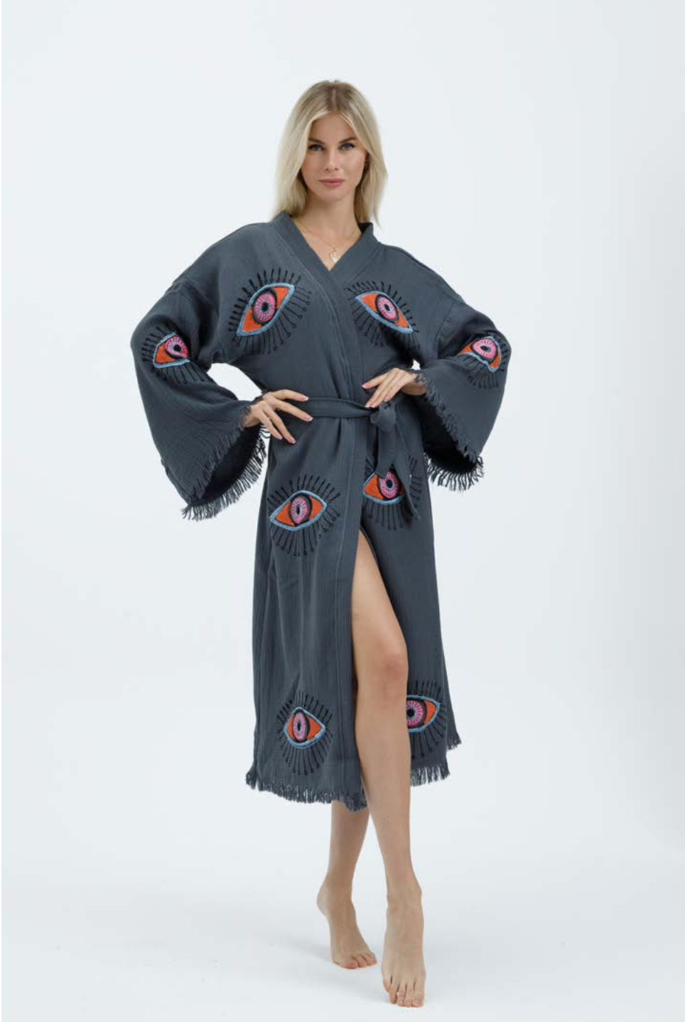 Evil Eye Hand Printed Kimono Natural in Black color made of 100% Turkish cotton Kimono by buldano in Turkey