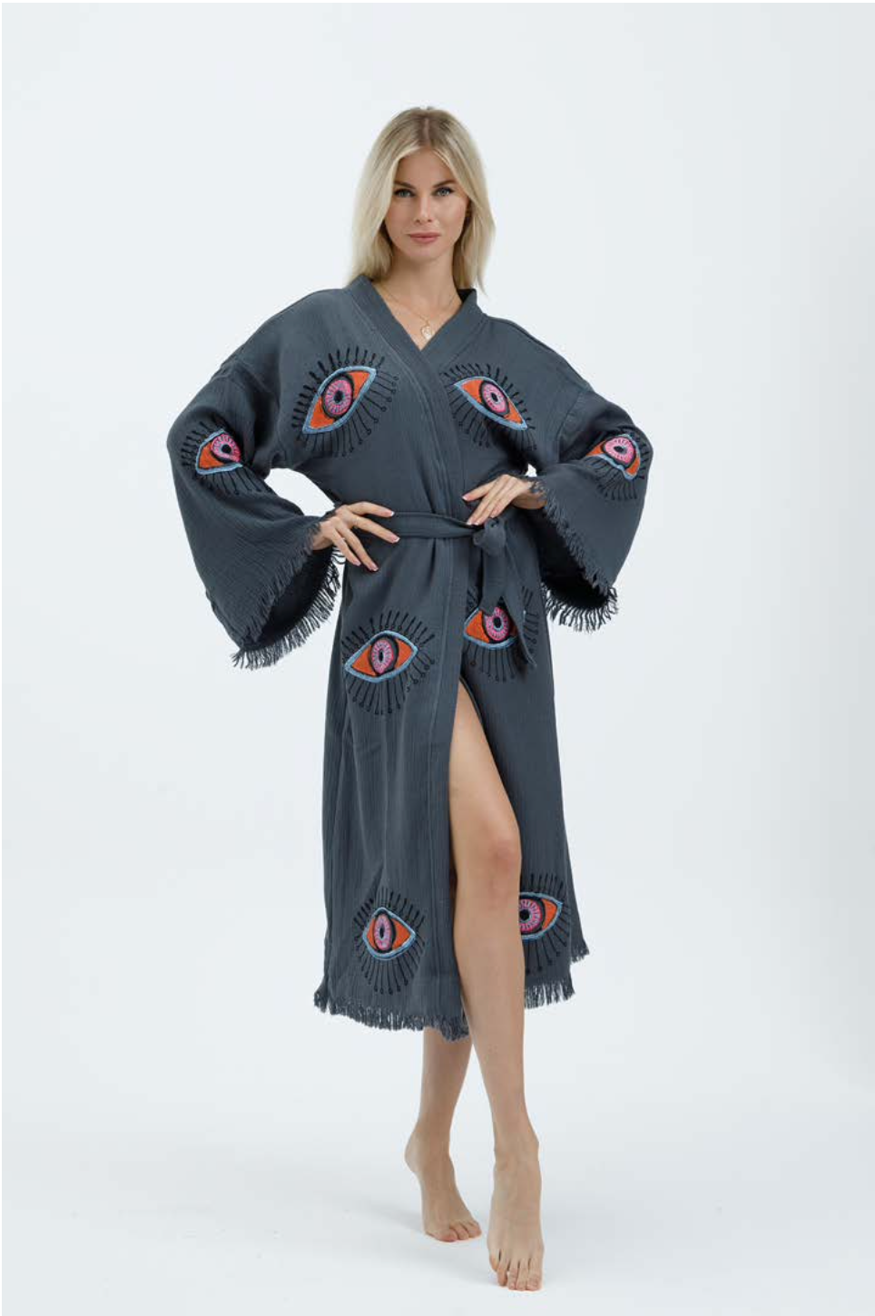Evil Eye Hand Printed Kimono Natural in Black color made of 100% Turkish cotton Kimono by buldano in Turkey