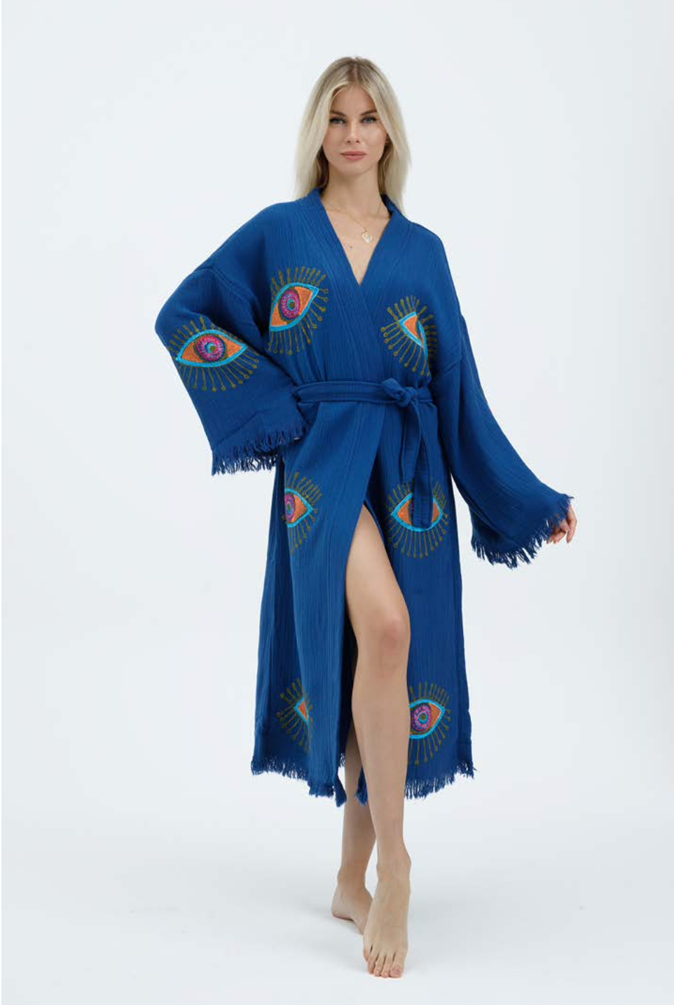 Evil Eye Hand Printed Kimono Natural in Blue color made of 100% Turkish cotton Kimono by buldano in Turkey