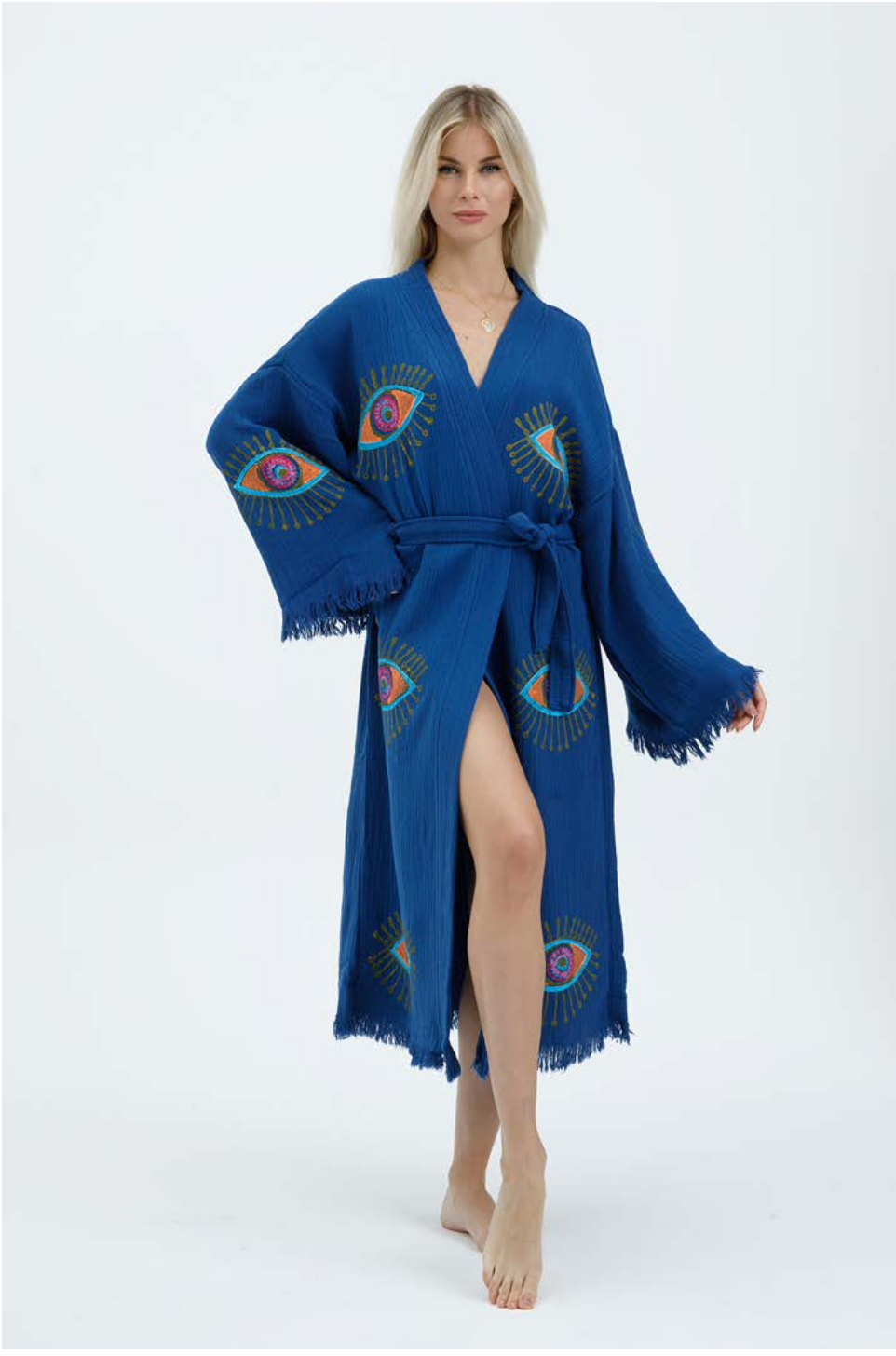 Evil Eye Hand Printed Kimono Natural in Blue color made of 100% Turkish cotton Kimono by buldano in Turkey