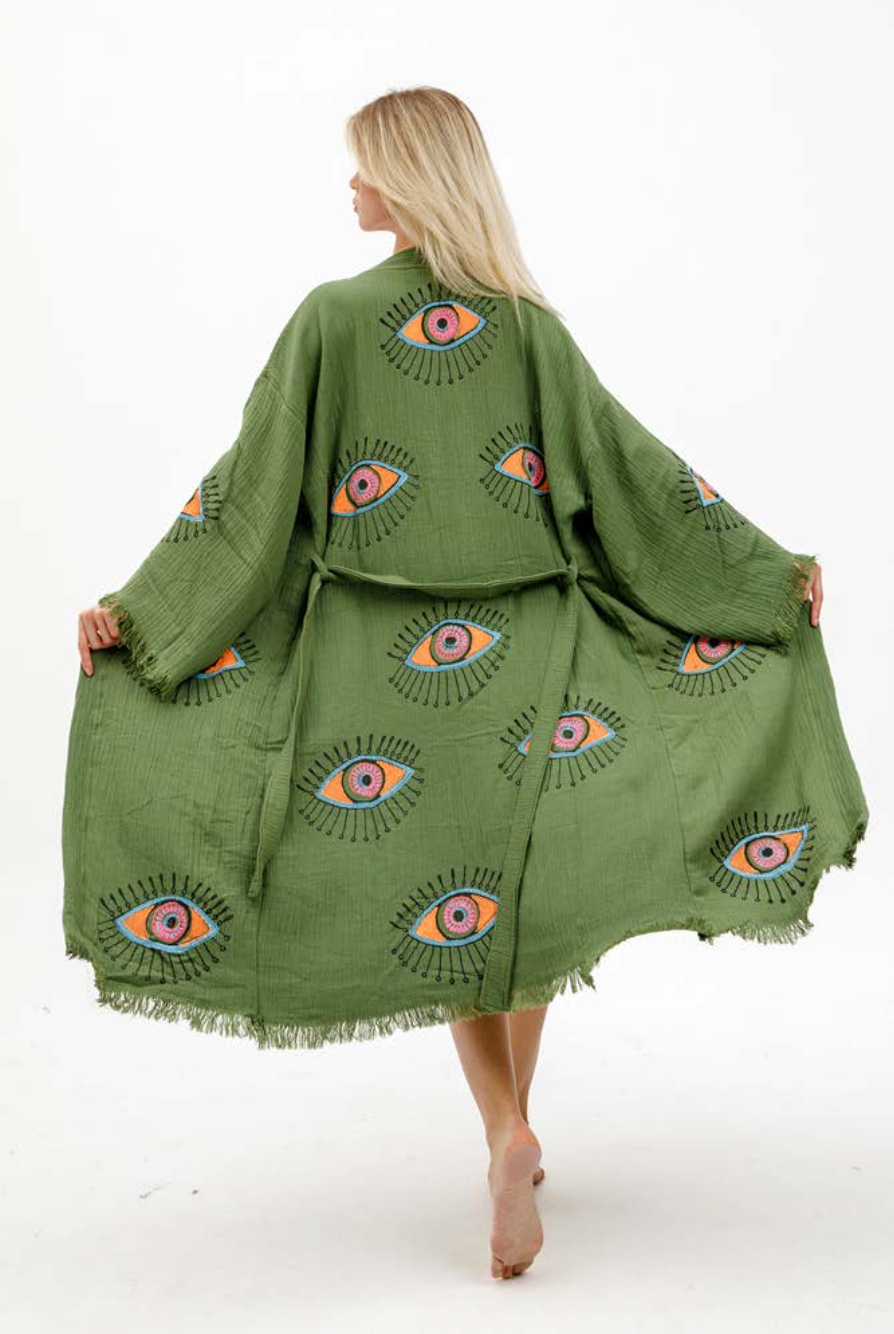 Evil Eye Hand Printed Kimono Natural in Green color made of 100% Turkish cotton Kimono by buldano in Turkey