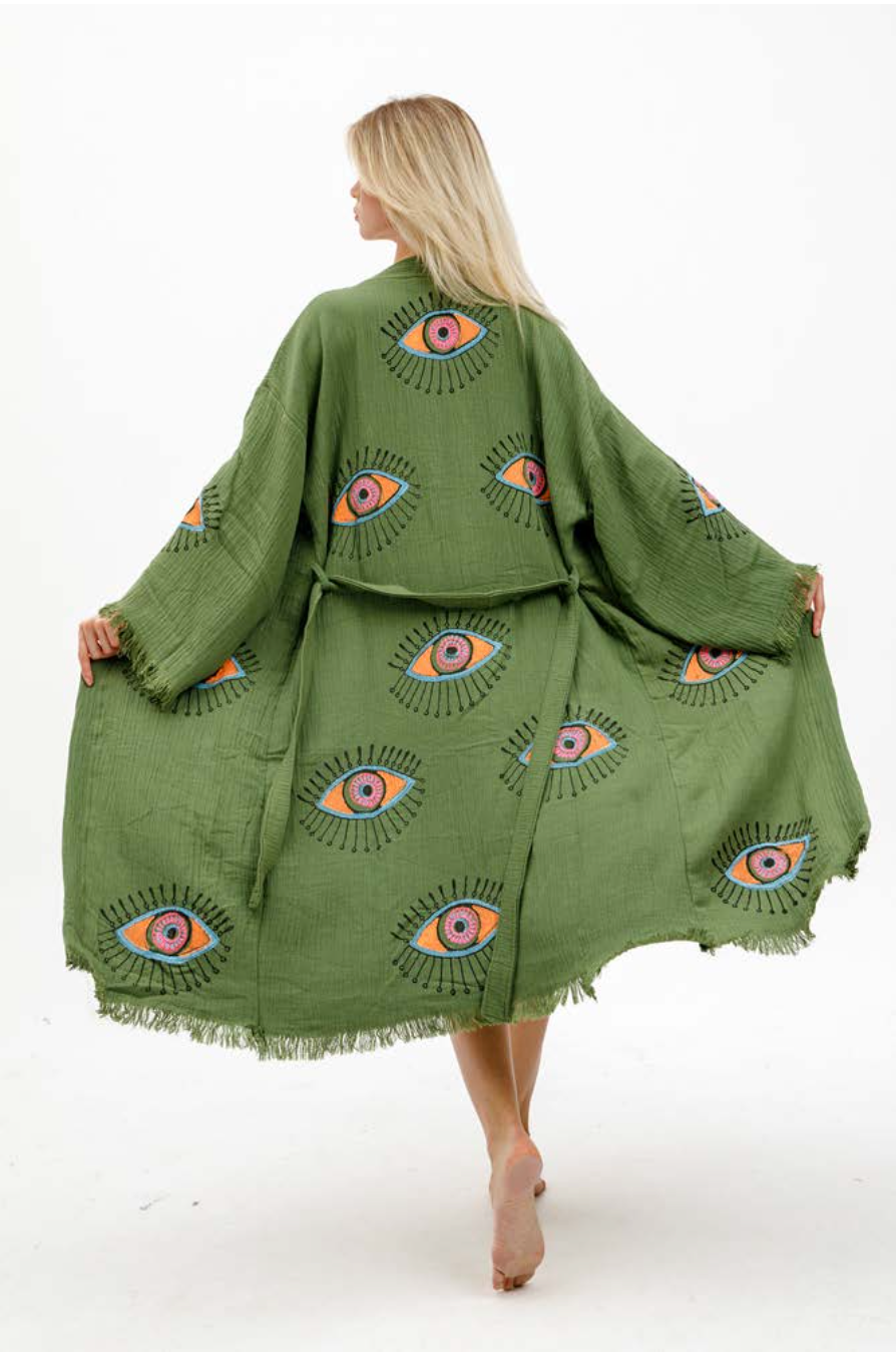 Evil Eye Hand Printed Kimono Natural in Green color made of 100% Turkish cotton Kimono by buldano in Turkey
