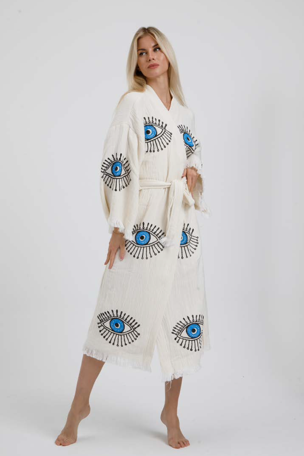 Evil Eye Hand Printed Kimono Natural in Natural Black color made of 100% Turkish cotton Kimono by buldano in Turkey