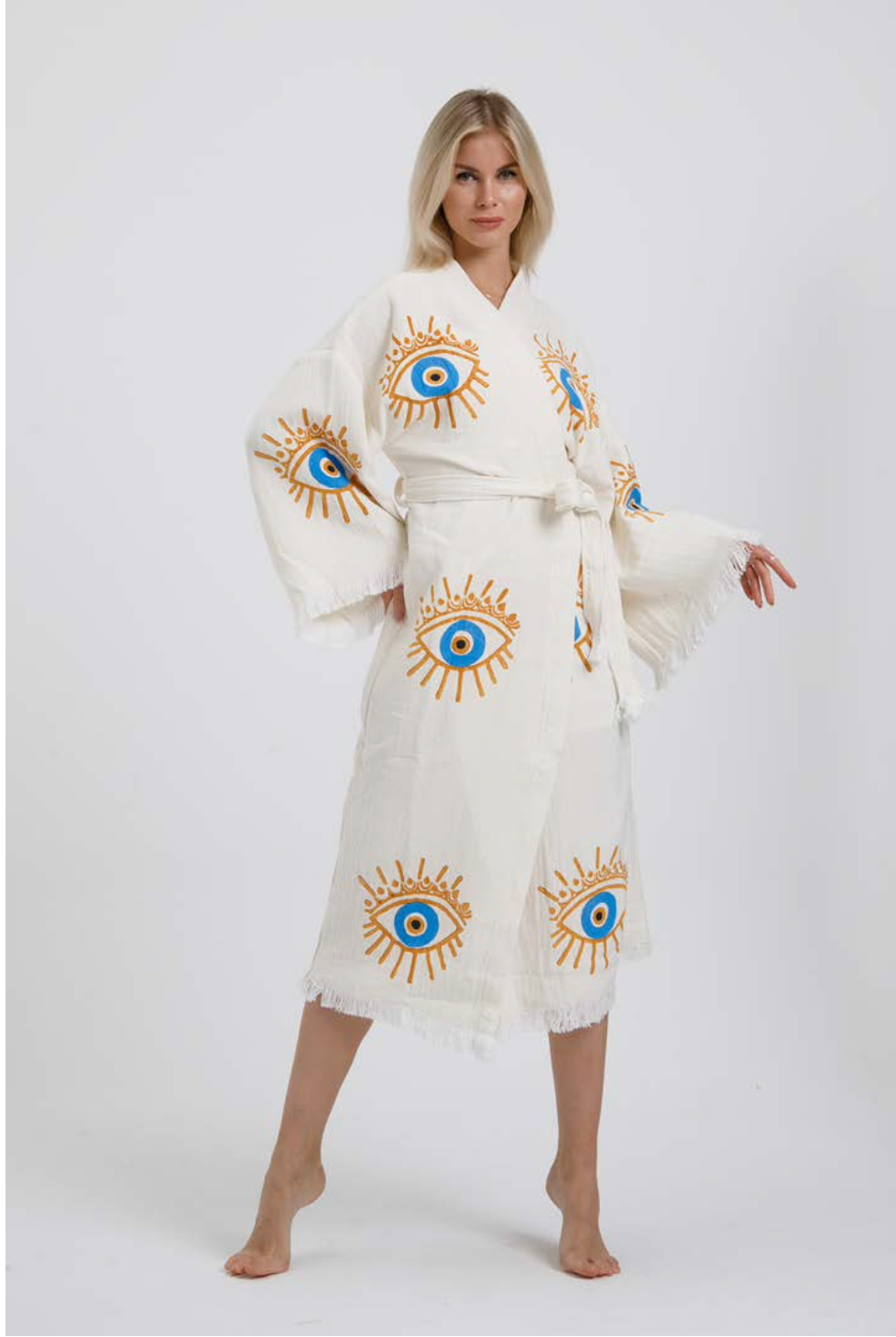 Evil Eye Hand Printed Kimono Natural in Natural Gold color made of 100% Turkish cotton Kimono by buldano in Turkey