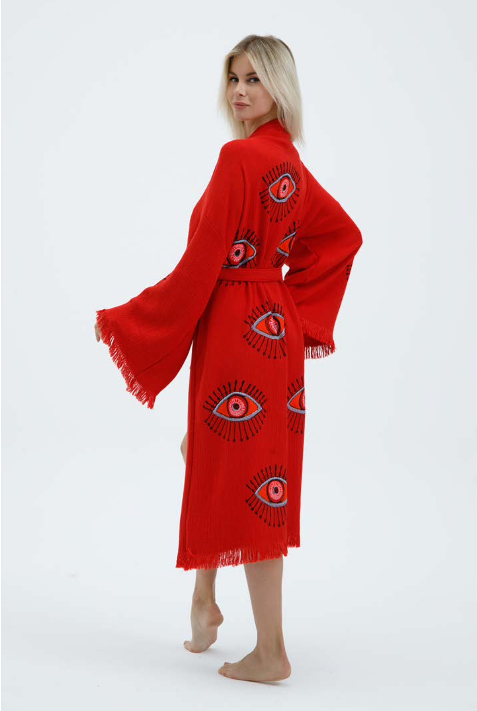 Evil Eye Hand Printed Kimono Natural in Red color made of 100% Turkish cotton Kimono by buldano in Turkey