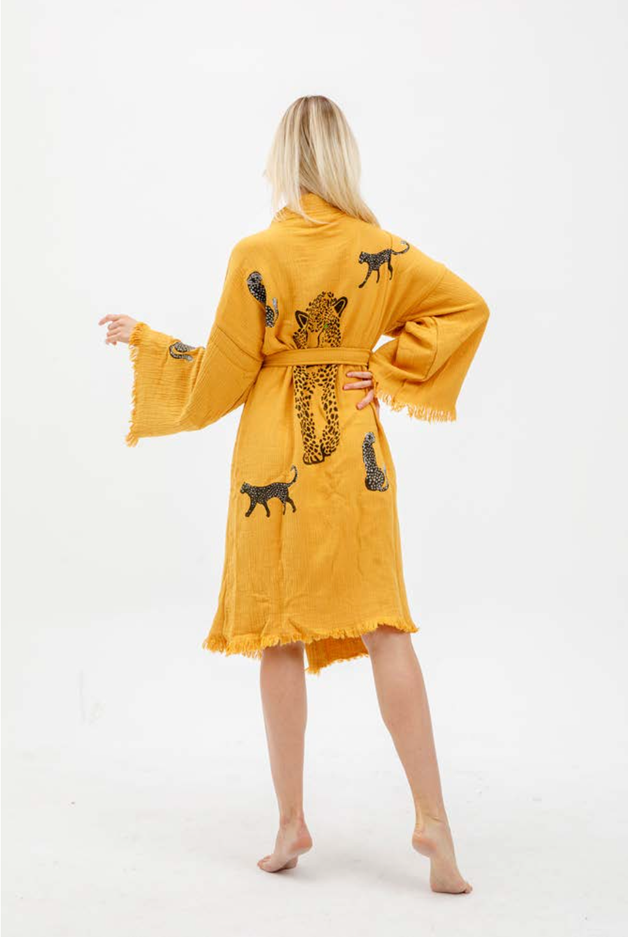 Tiger Hand Printed Kimono in Yellow color made of 100% Turkish cotton Kimono by buldano in Turkey