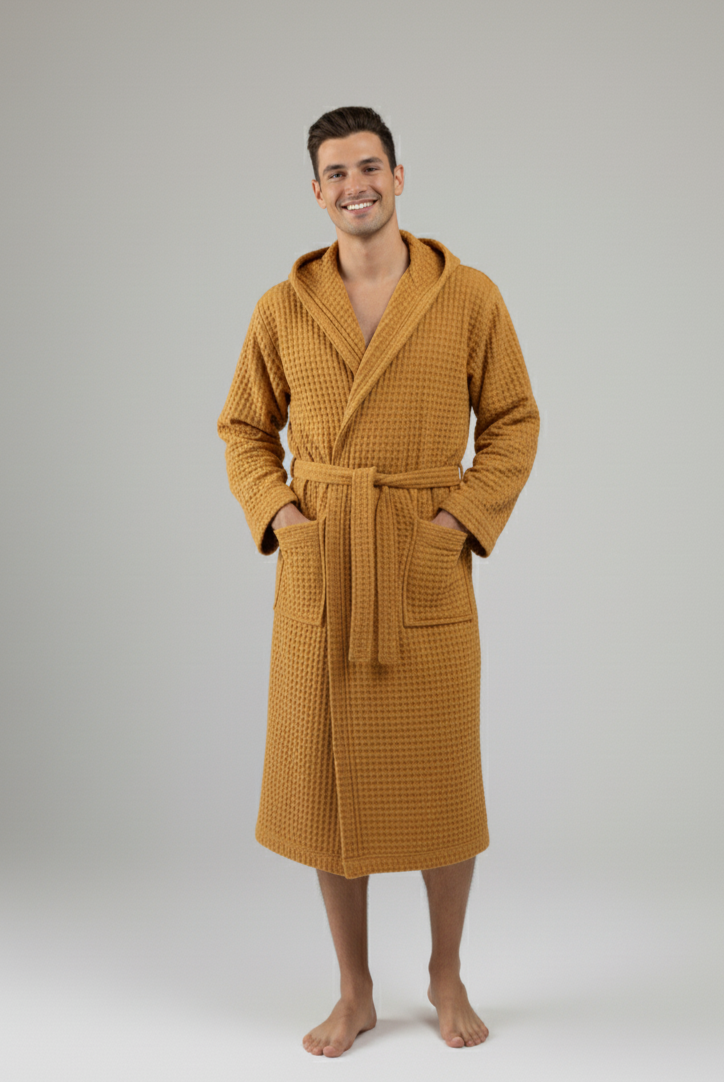 Man wearing a mustard yellow turkish waffle robe on a gray background