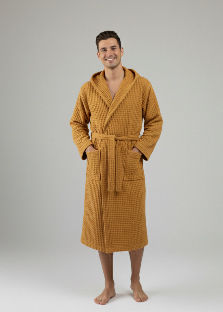 Man wearing a mustard yellow turkish waffle robe on a gray background