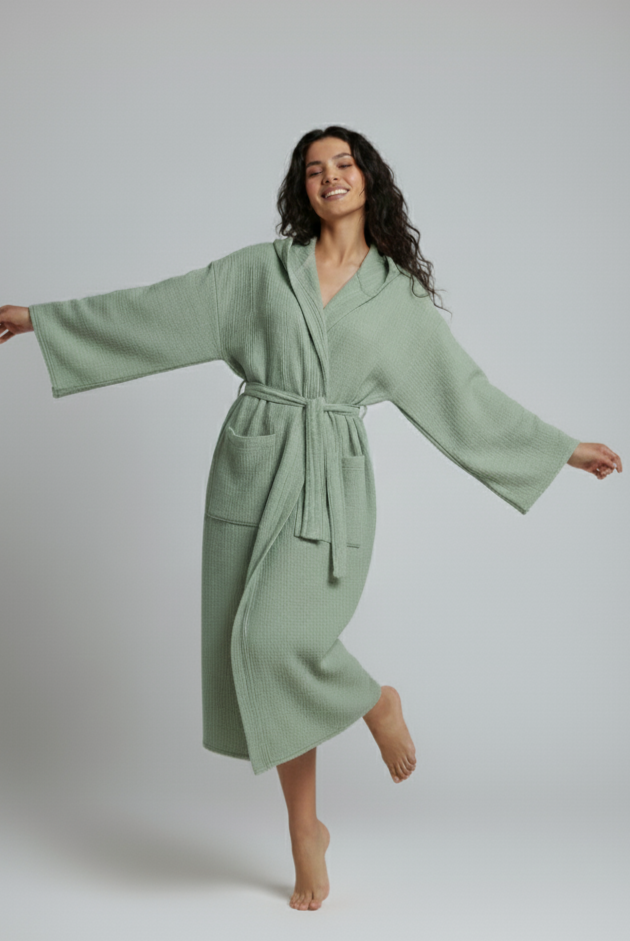 Woman wearing a light green robe against a plain background