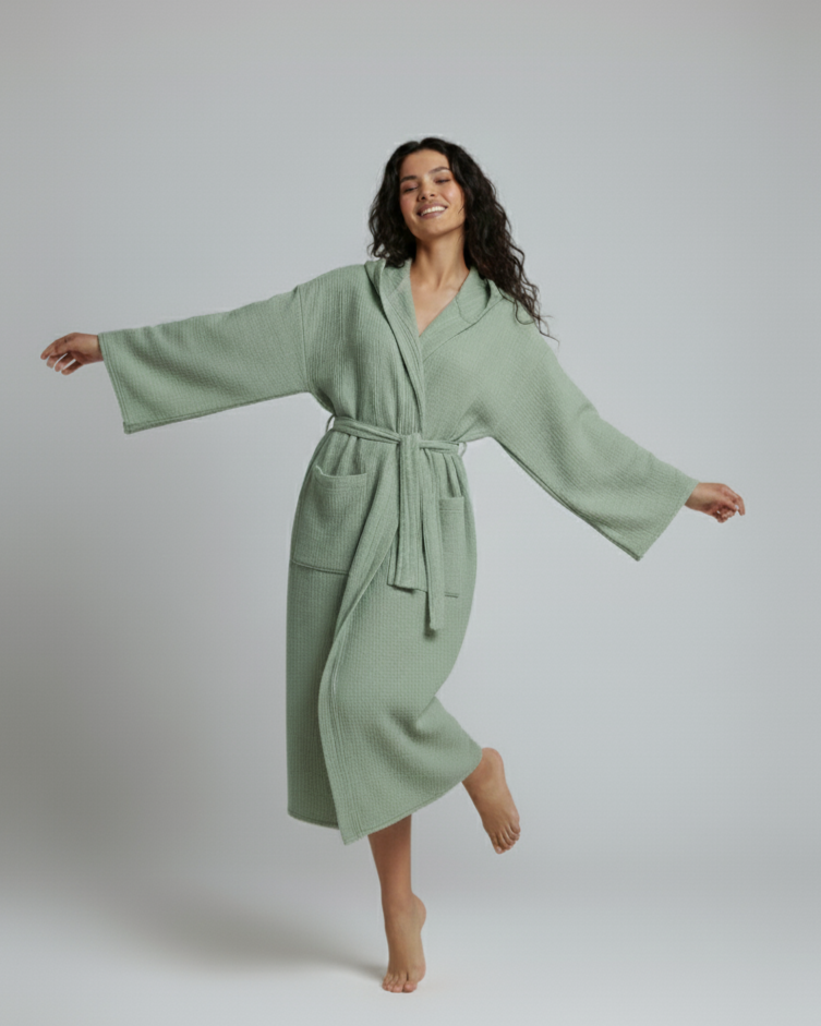 Woman wearing a light green robe against a plain background