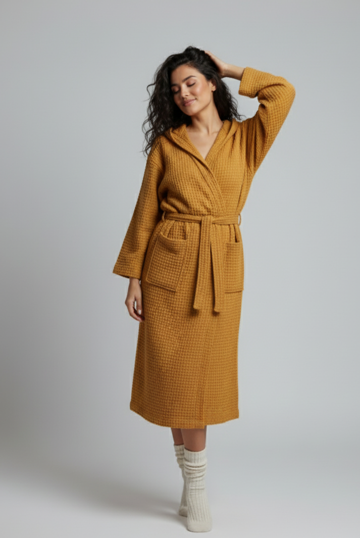Woman wearing a mustard yellow waffle robe against a plain background