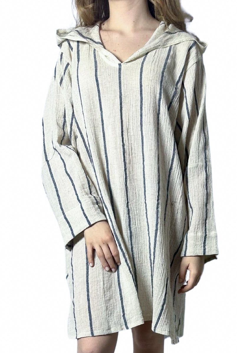 Long Sleeve Poncho Beach Cover Up in Navy color made of 100% Turkish cotton Poncho by buldano in Turkey