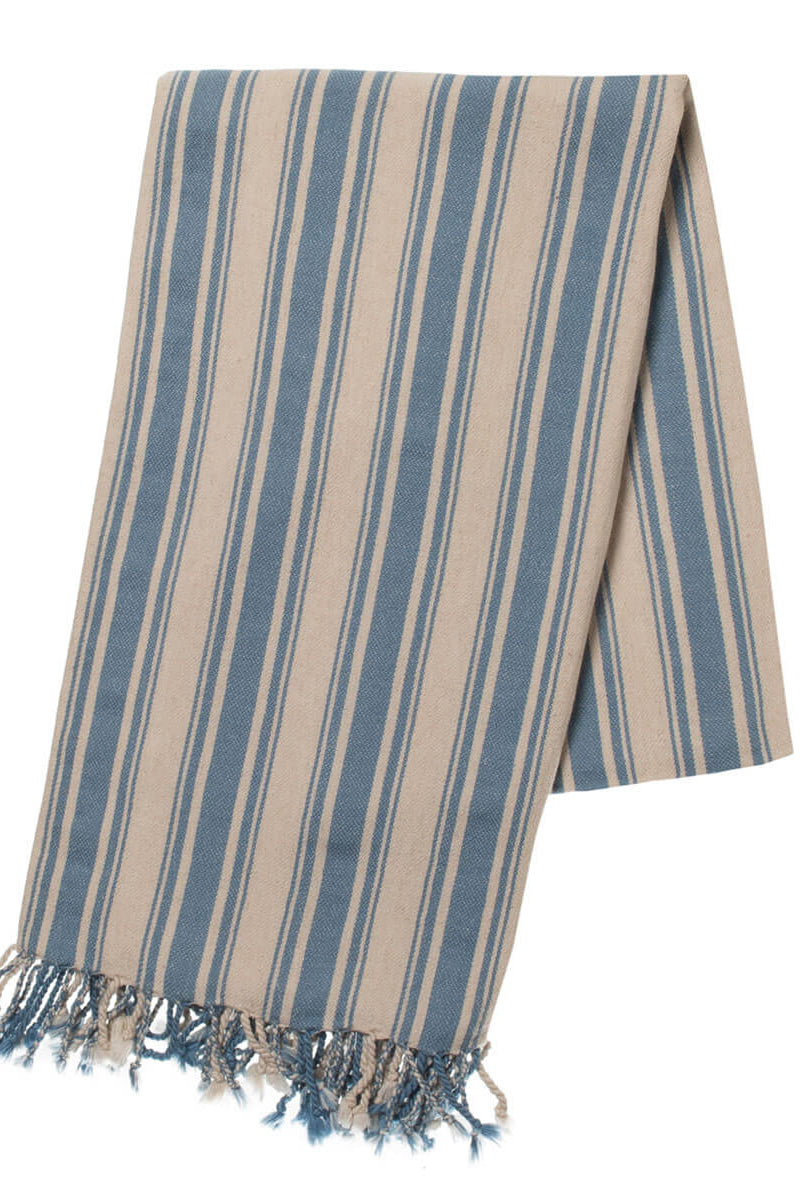Cotton Linen Blend Vertical Striped Turkish Towel in Air Blue color made of 100% Turkish cotton by buldano in Turkey
