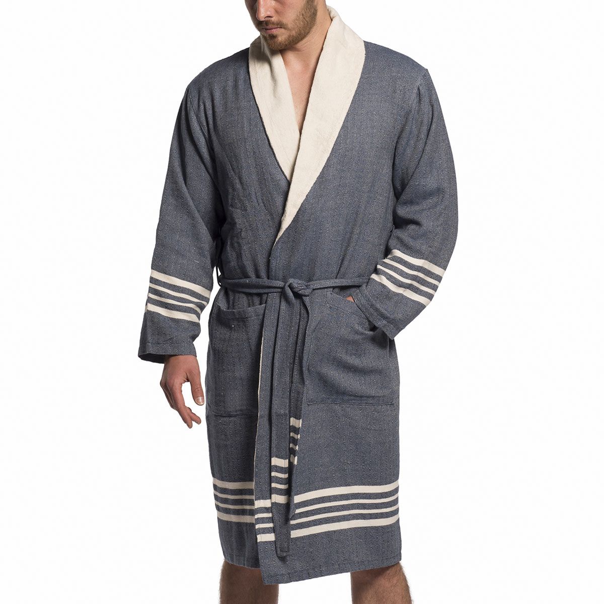 TURKISH TOWEL ROBE WITH TERRY INSIDE- NAVY | UNISEX in color made of 100% Turkish cotton Turkish Towel by buldano in Turkey