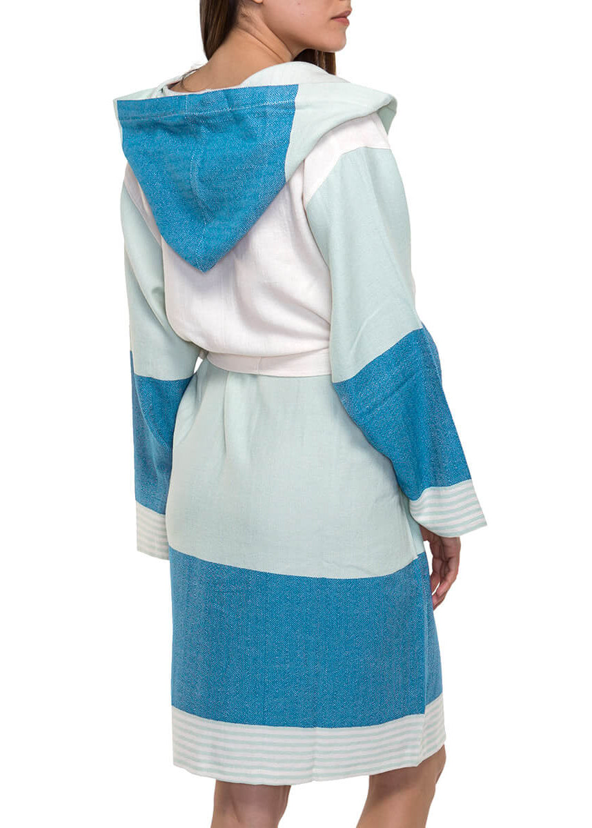 MULTI COLOR ROBE WITH HOOD in Light Blue Petrol color made of 100% Turkish cotton Turkish Towel by buldano in Turkey