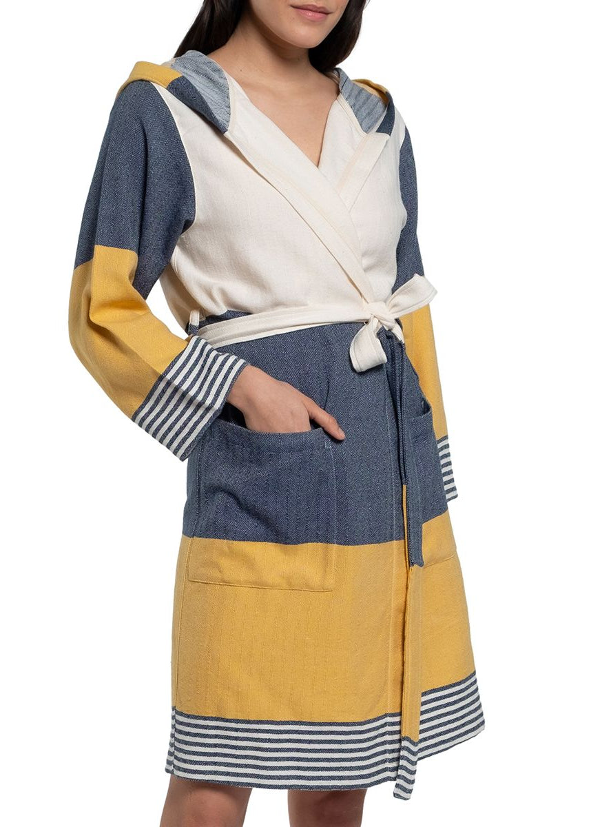 MULTI COLOR ROBE WITH HOOD in Navy Yellow color made of 100% Turkish cotton Turkish Towel by buldano in Turkey
