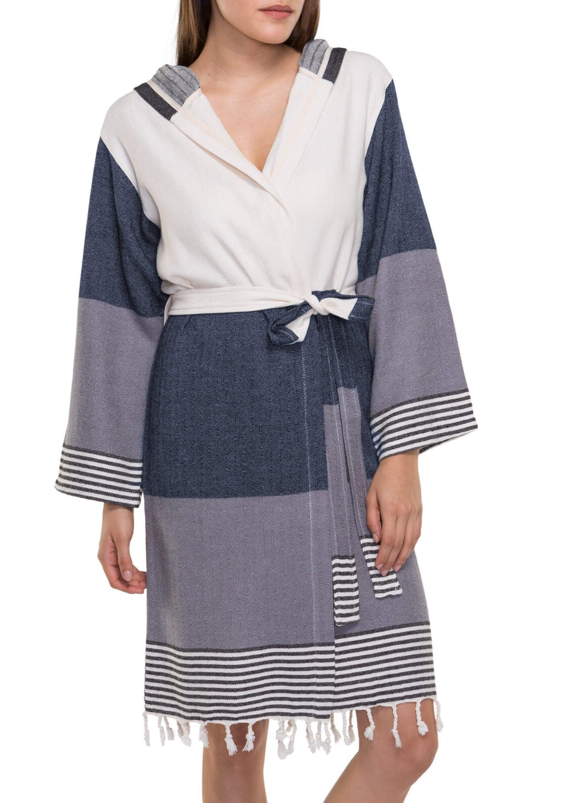 MULTI COLOR ROBE WITH HOOD in Navy Dark Grey color made of 100% Turkish cotton Turkish Towel by buldano in Turkey