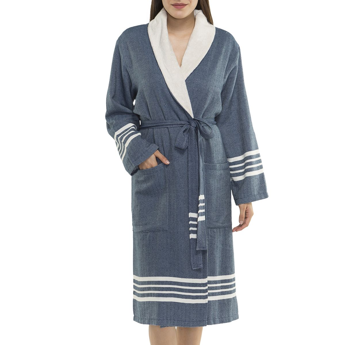 TURKISH TOWEL ROBE WITH TERRY INSIDE- NAVY | UNISEX in color made of 100% Turkish cotton Turkish Towel by buldano in Turkey
