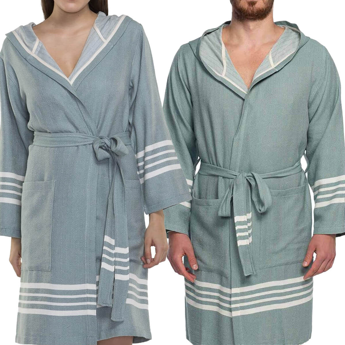 SHORT ROBE WITH HOOD in Almond Green color made of 100% Turkish cotton Turkish Towel by buldano in Turkey