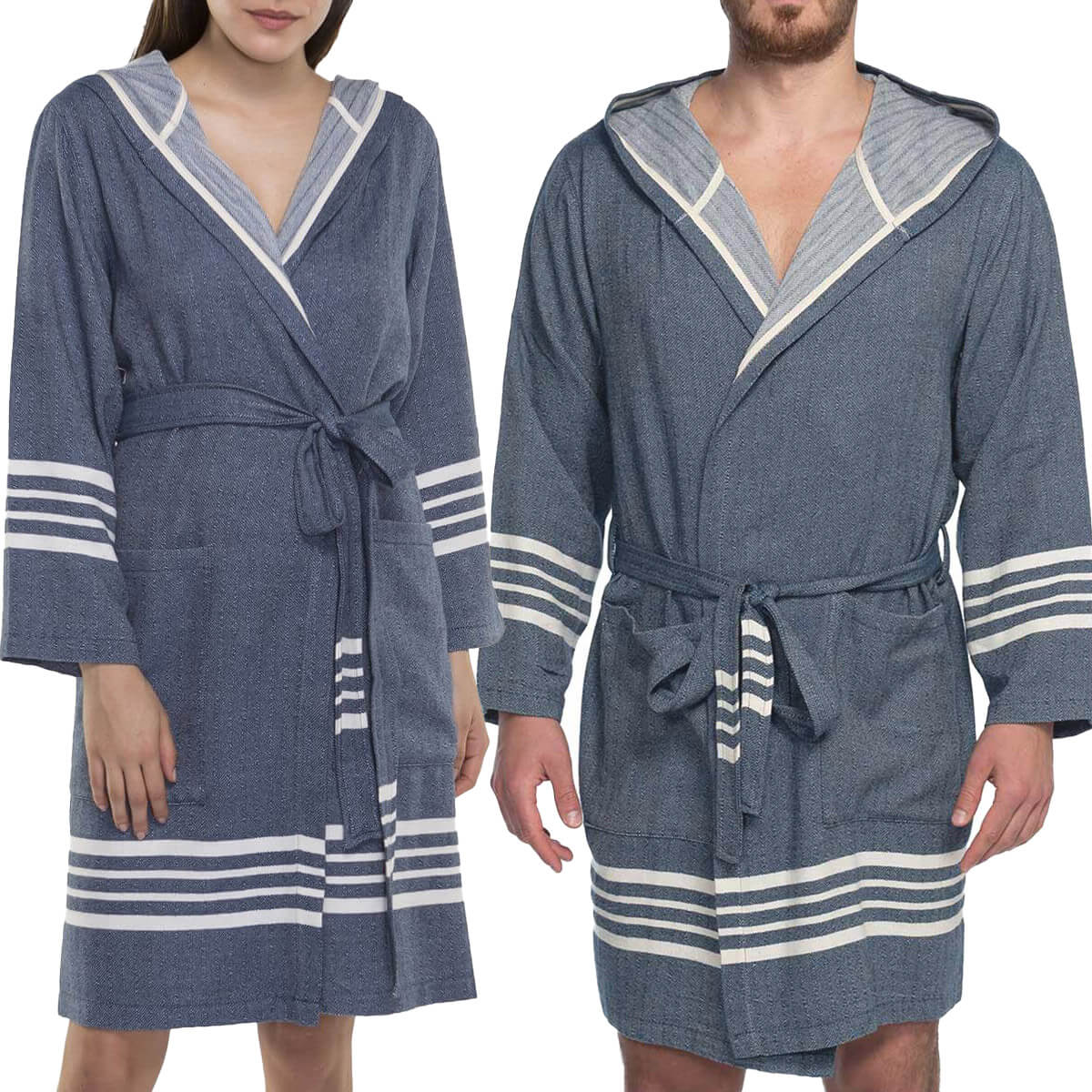 SHORT ROBE WITH HOOD in Navy color made of 100% Turkish cotton Turkish Towel by buldano in Turkey