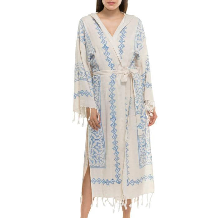 HAND PRINTED ROBE in BLUE color made of 100% Turkish cotton Turkish Towel by buldano in Turkey