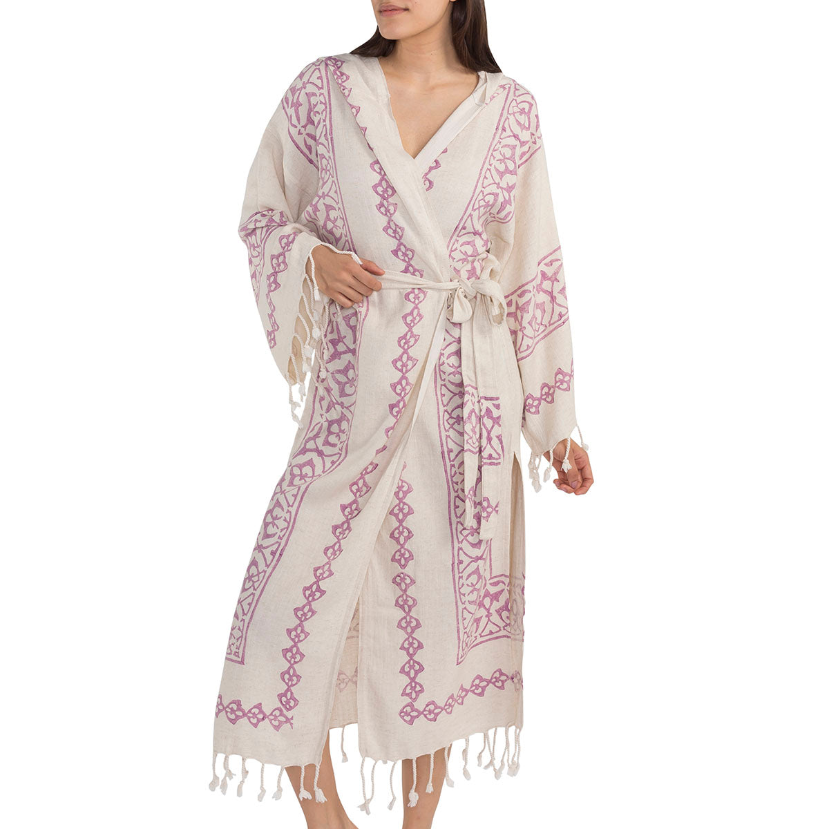HAND PRINTED ROBE in PINK color made of 100% Turkish cotton Turkish Towel by buldano in Turkey